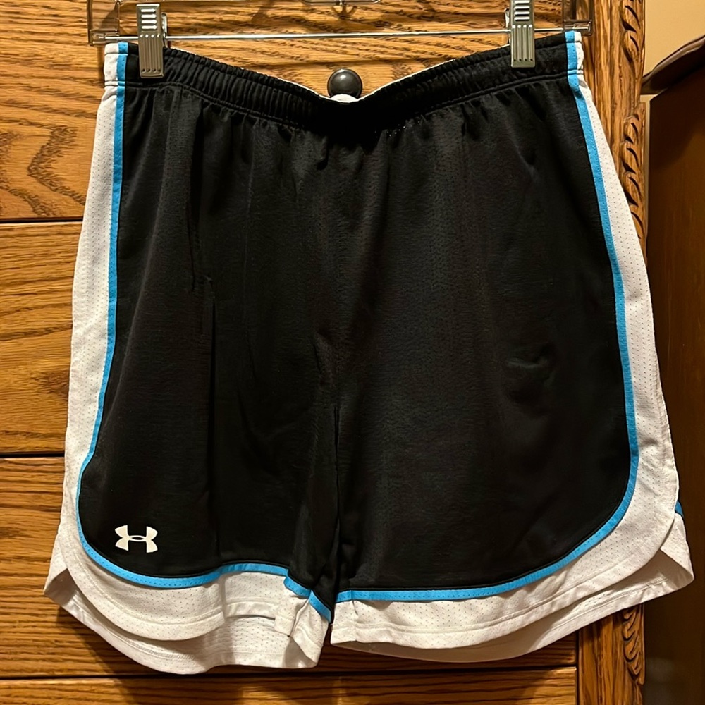 Women’s black, blue, and white under armour athletic shorts